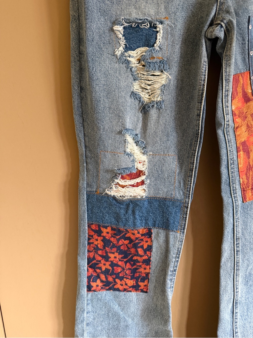 We The Free Belladonna Light Wash Straight-Leg Jeans with Colorful Patchwork - Picture 5 of 9